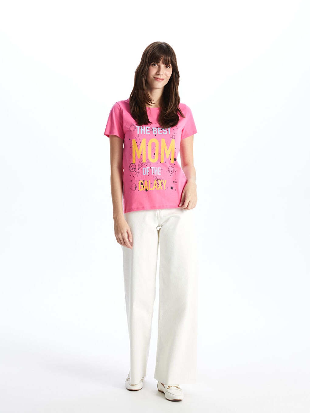 Pembe Bisiklet Yaka Baskılı Kısa Kollu Kadın Tişört-2