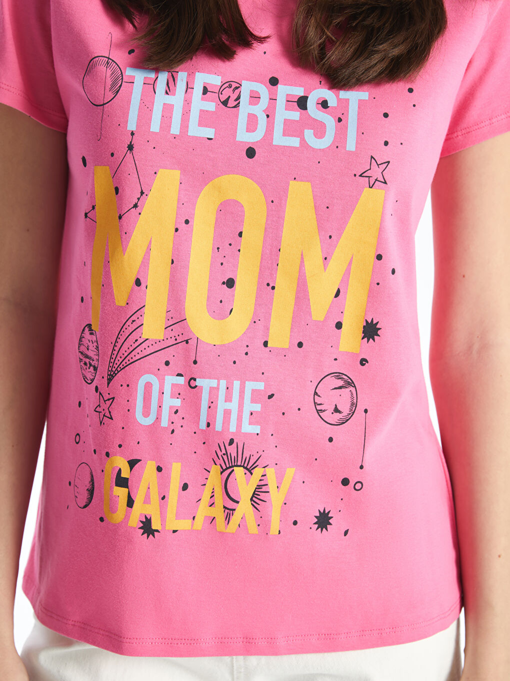 Pembe Bisiklet Yaka Baskılı Kısa Kollu Kadın Tişört-3