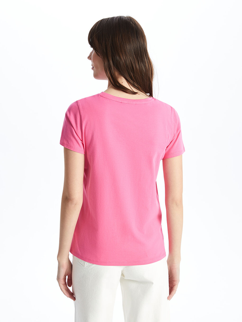 Pembe Bisiklet Yaka Baskılı Kısa Kollu Kadın Tişört-4