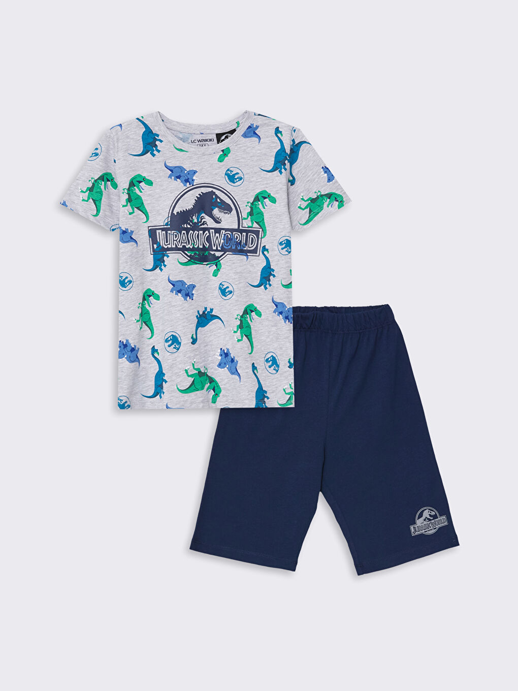 LCW Kids Gri Melanj Baskılı Bisiklet Yaka Jurassic World Baskılı Erkek Çocuk Şortlu Pijama Takımı