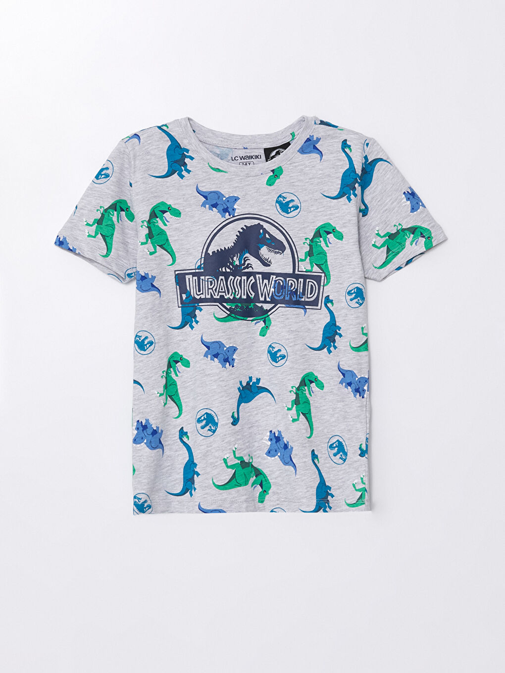 LCW Kids Gri Melanj Baskılı Bisiklet Yaka Jurassic World Baskılı Erkek Çocuk Şortlu Pijama Takımı - 1