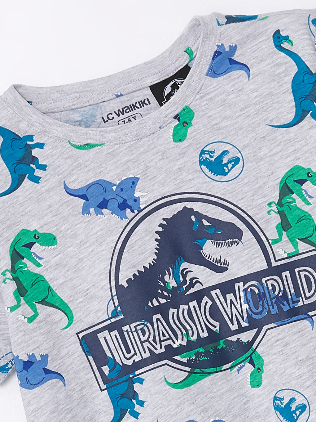 LCW Kids Gri Melanj Baskılı Bisiklet Yaka Jurassic World Baskılı Erkek Çocuk Şortlu Pijama Takımı - 2