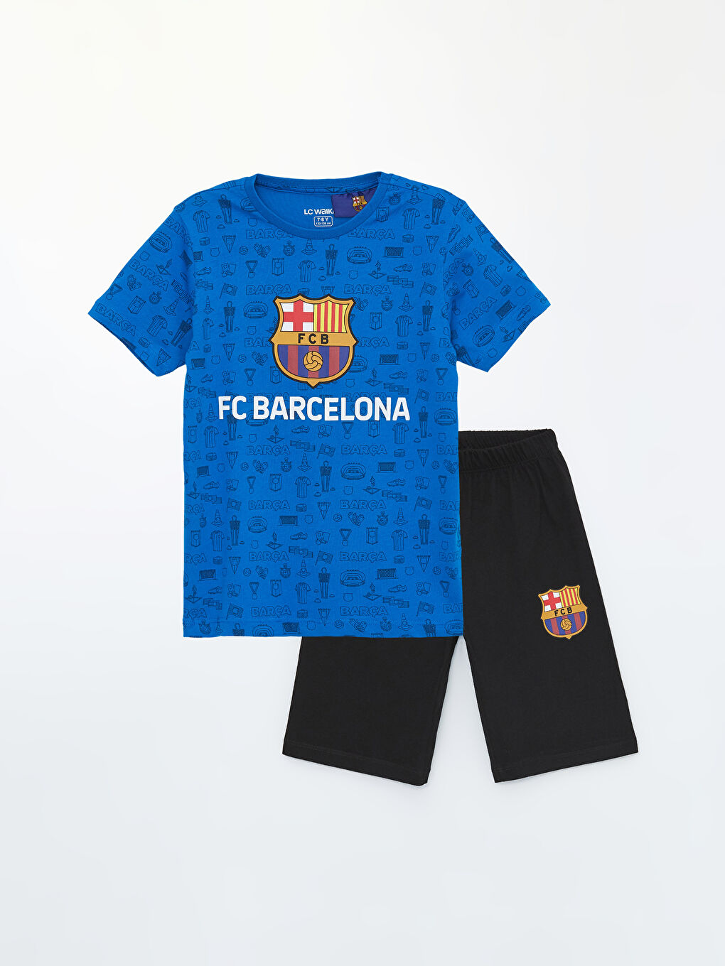 LCW Kids Koyu Mavi Baskılı Bisiklet Yaka Barcelona Baskılı Erkek Çocuk Şortlu Pijama Takımı