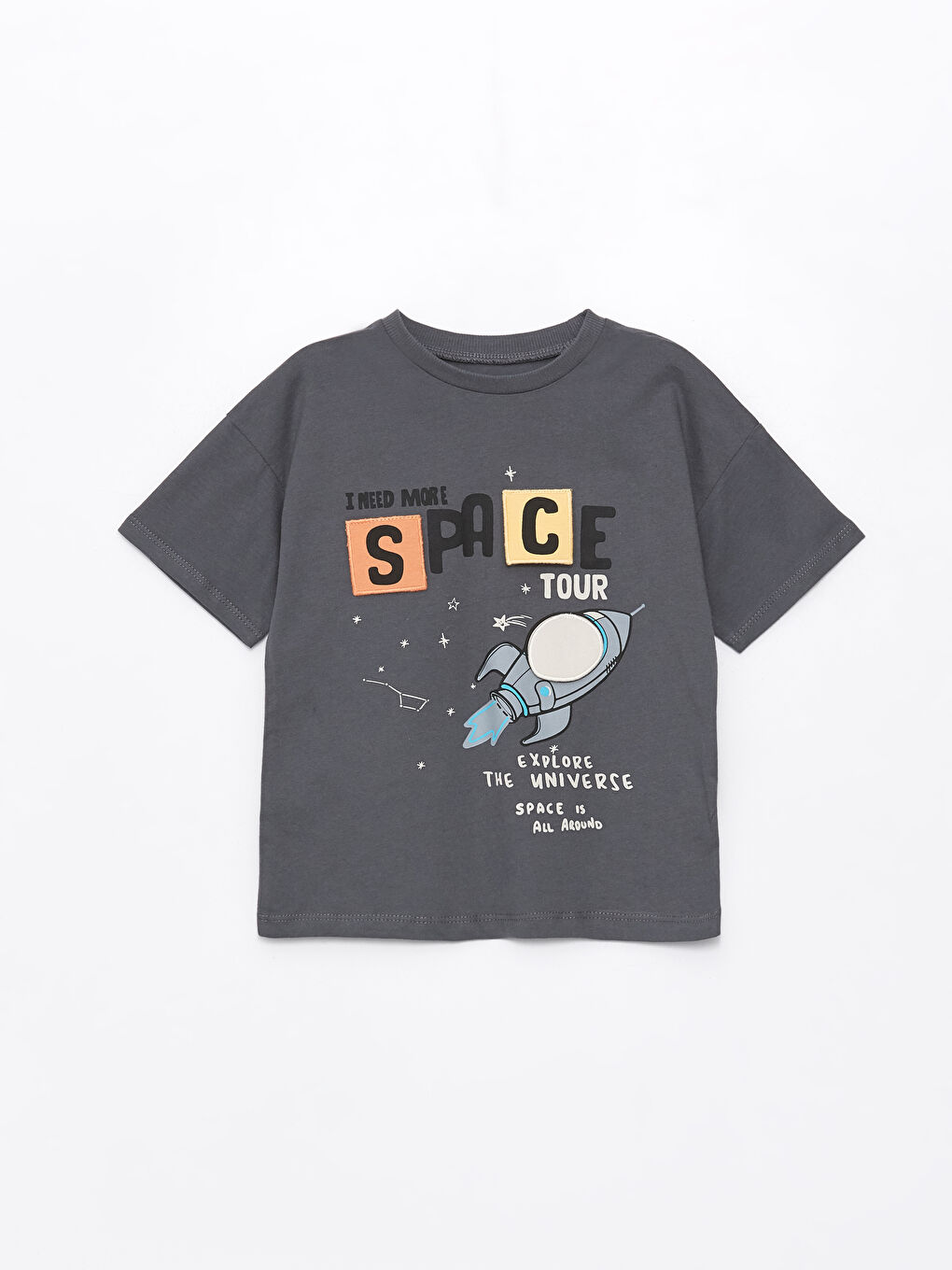 Gri Bisiklet Yaka Kısa Kollu Baskılı Erkek Bebek Tişört