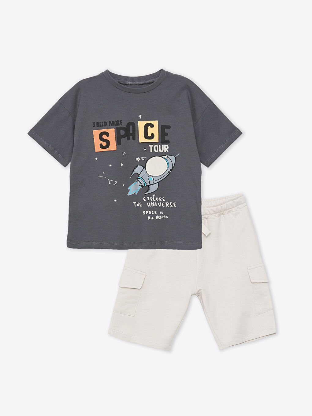 Crew Neck Printed Baby Boys' T-Shirt and Shorts 2 Pack Set -S4EA35Z1-HGL
