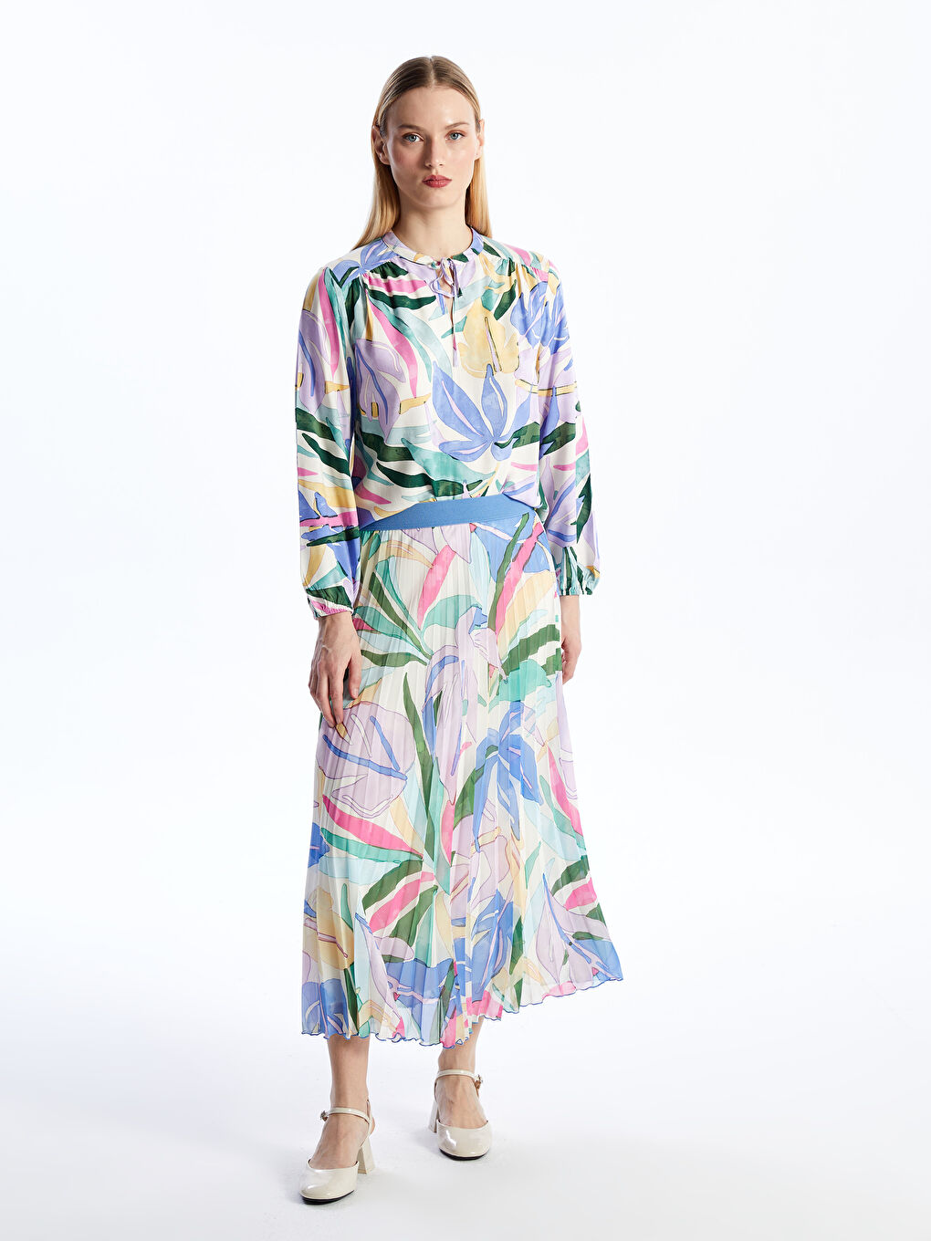 Elastic Waist Patterned Chiffon Women's Pleated Skirt -S4EB25Z8-LTM