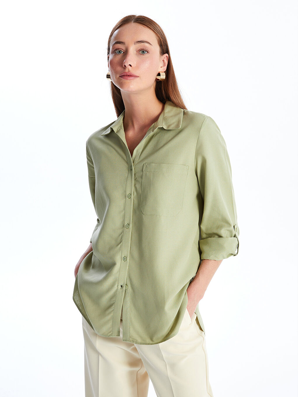 Straight Long Sleeve Linen Blend Women's Shirt -S4EB43Z8-GHY