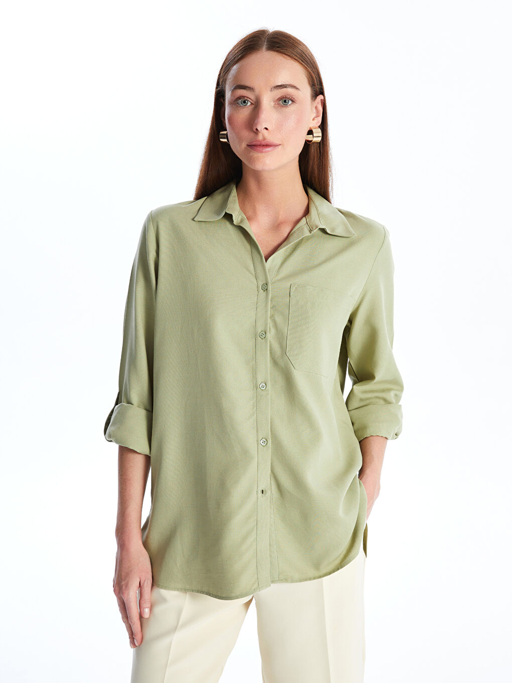Straight Long Sleeve Linen Blend Women's Shirt -S4EB43Z8-GHY
