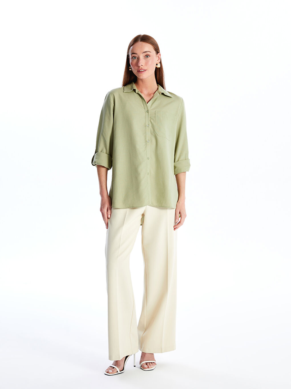 Straight Long Sleeve Linen Blend Women's Shirt -S4EB43Z8-GHY