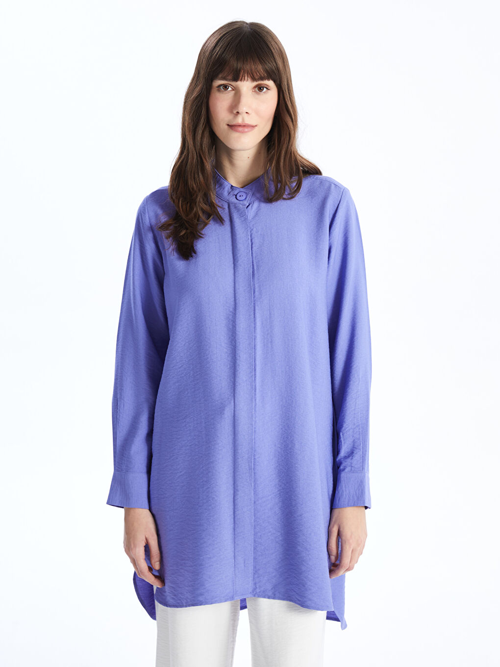 Women's Grandad Collar Plain Shirt Tunic -S4EB45Z8-DX9