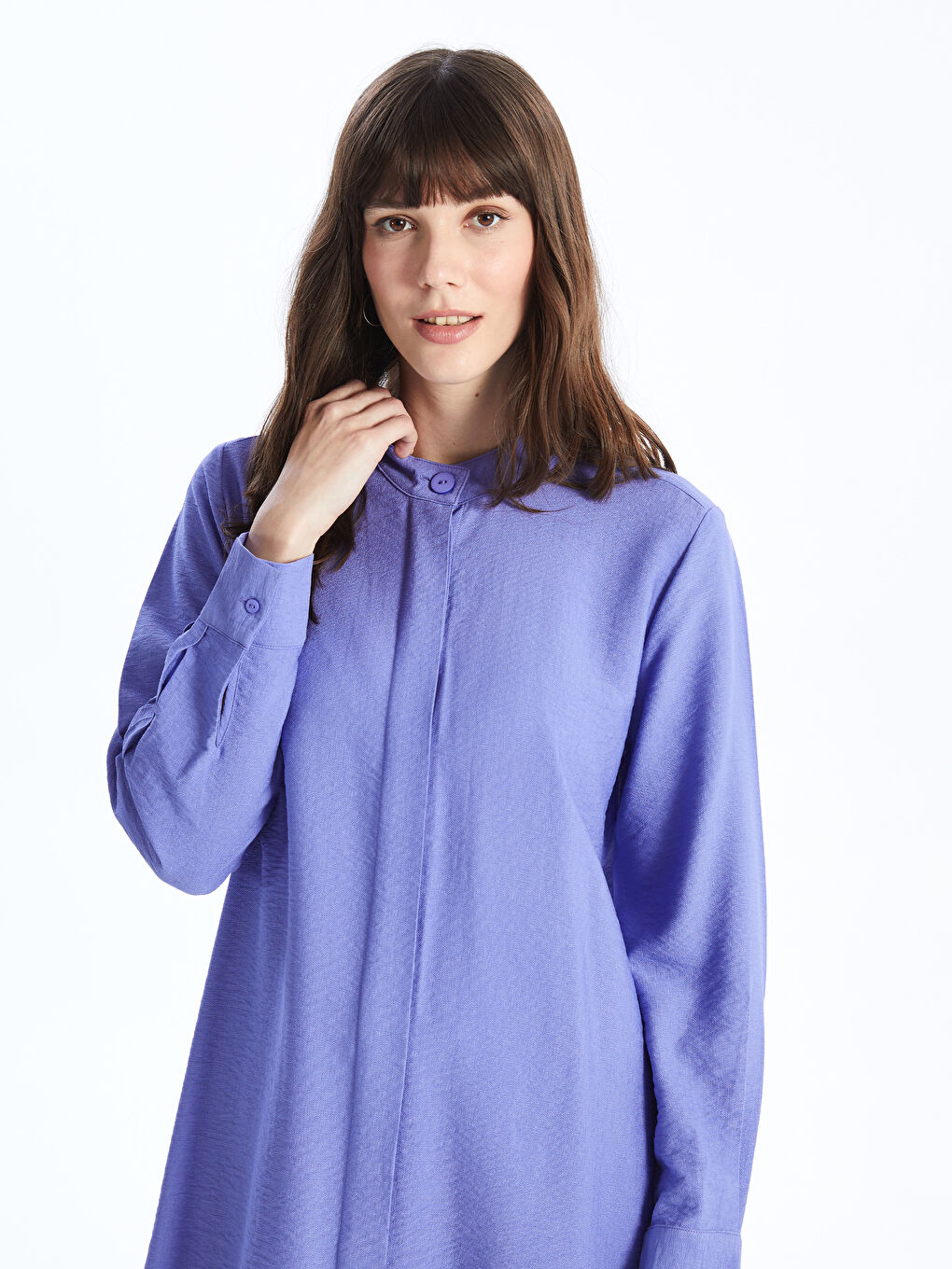 Women's Grandad Collar Plain Shirt Tunic -S4EB45Z8-DX9