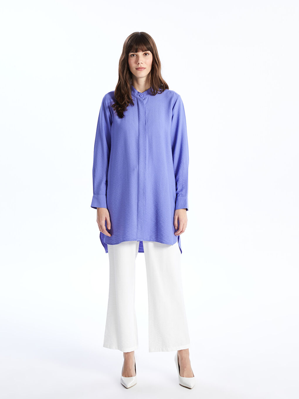 Women's Grandad Collar Plain Shirt Tunic -S4EB45Z8-DX9