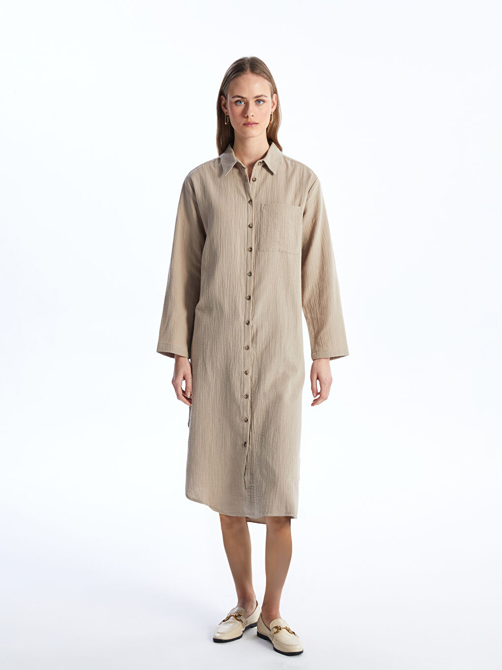 LCWAIKIKI Classic Schlichtes Langarm-Hemdblusenkleid für Damen -S4EB62Z8-FPK