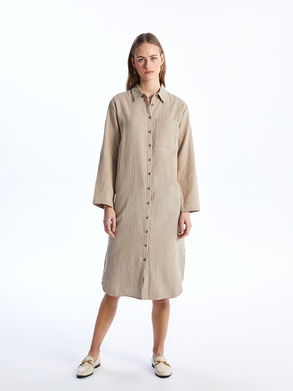 LCWAIKIKI Classic Schlichtes Langarm-Hemdblusenkleid für Damen -S4EB62Z8-FPK