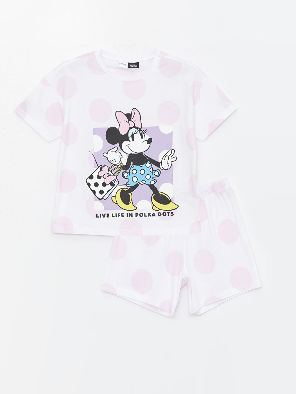 LCW Kids Beyaz Baskılı Bisiklet Yaka Minnie Mouse Baskılı Kısa Kollu Kız Çocuk Şortlu Pijama Takımı