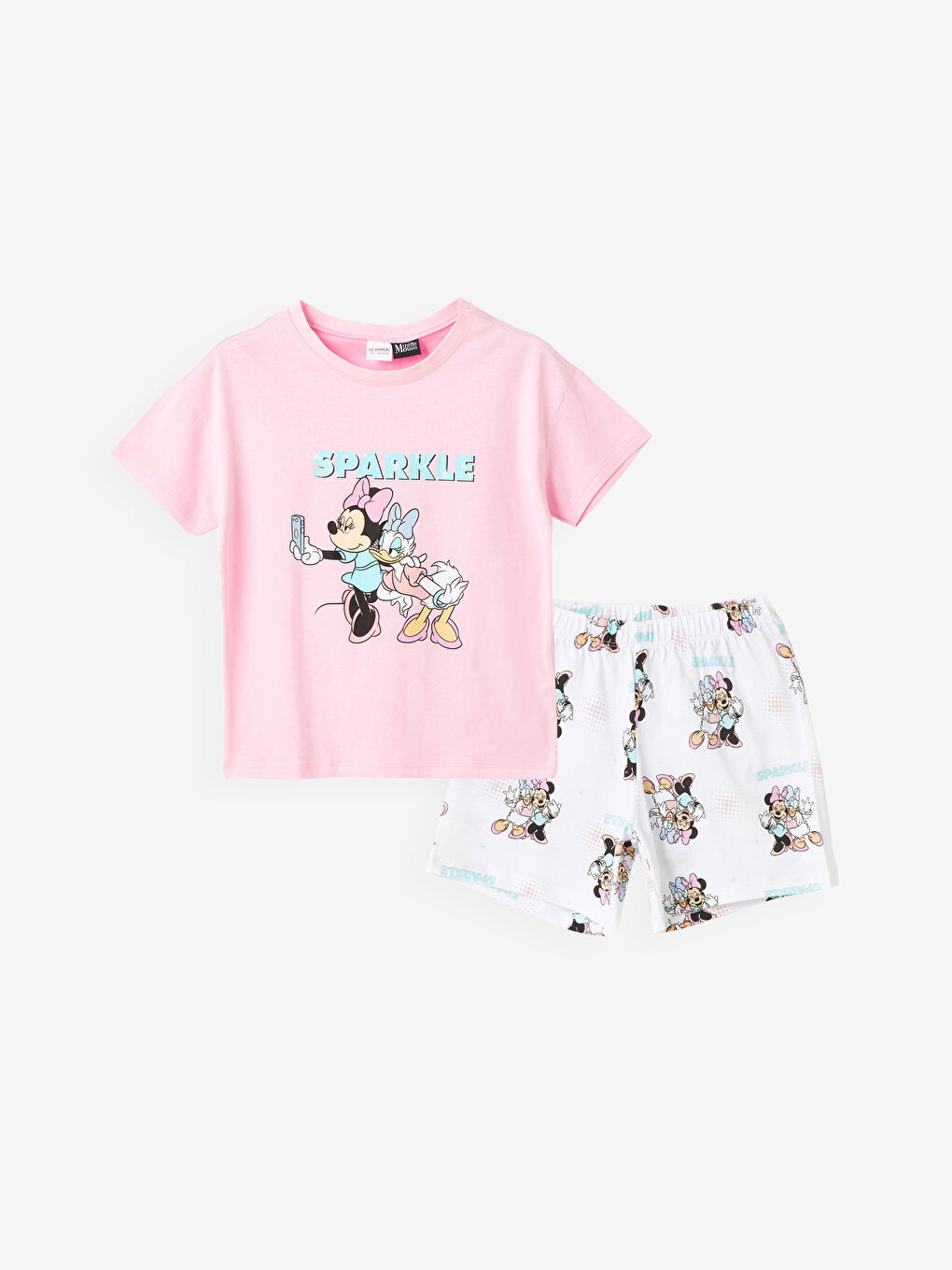 LCW Kids Pembe Leylak Bisiklet Yaka Minnie Mouse Baskılı Kısa Kollu Kız Çocuk Şortlu Pijama Takımı