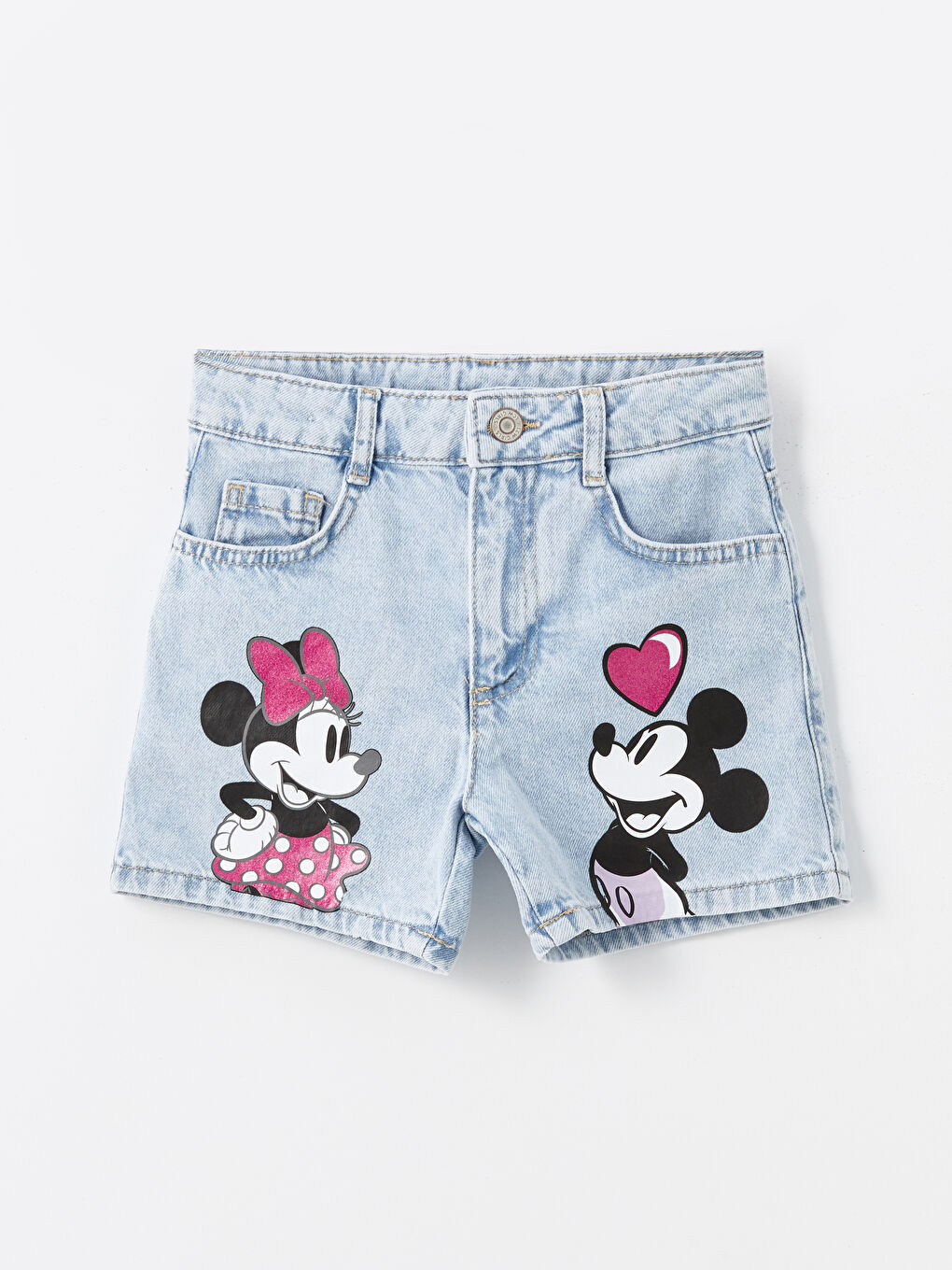 LCW Kids Açık Mavi Asit Yıkamalı Minnie Mouse Baskılı Kız Çocuk Jean Şort