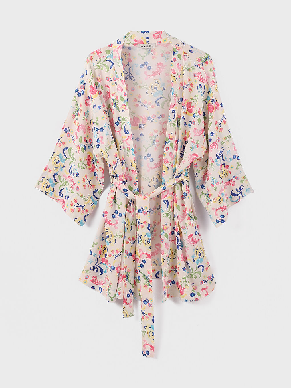 كيمونو منقوش بياقة شال للسيدات مع تفاصيل حزام