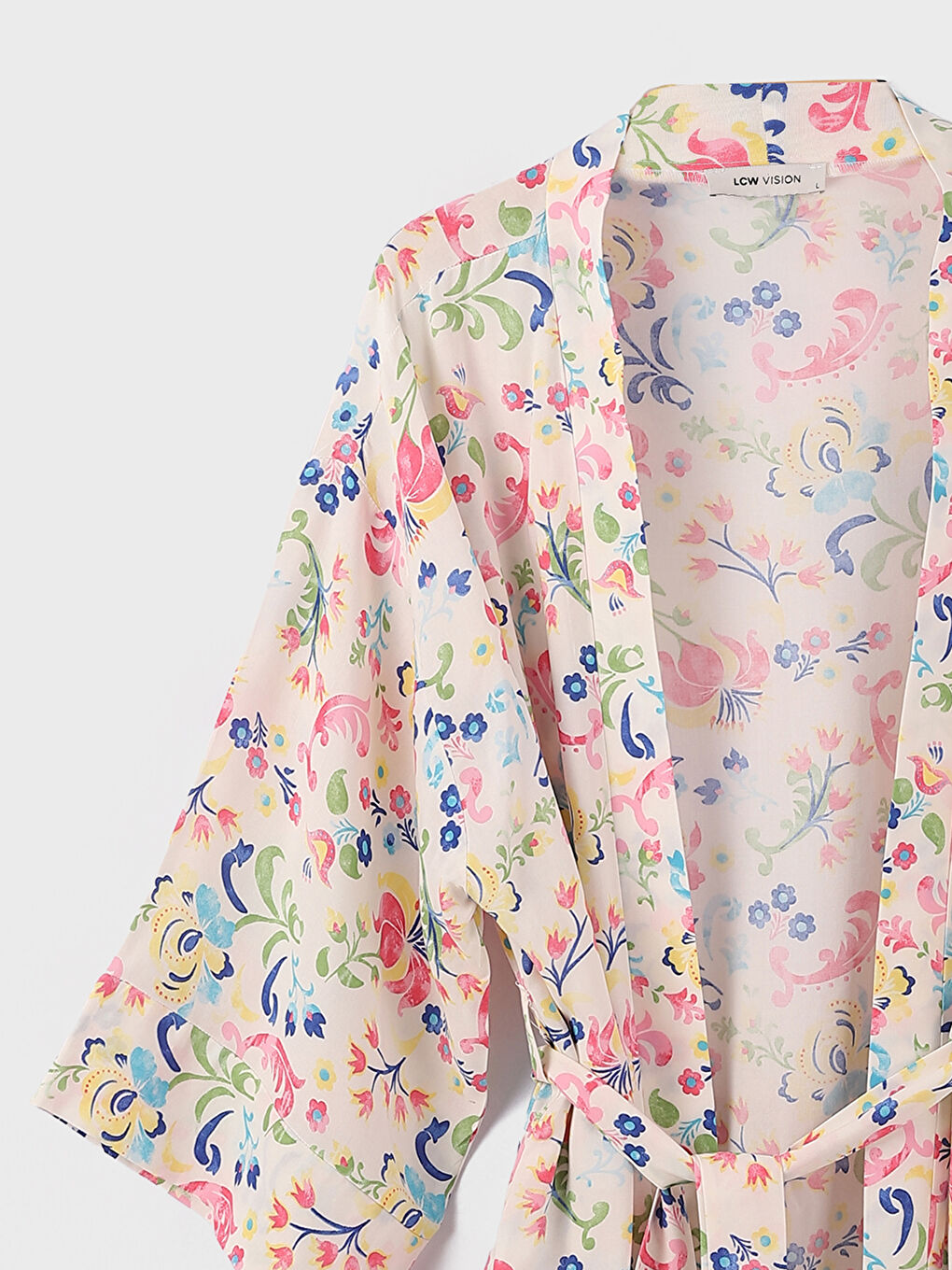 كيمونو منقوش بياقة شال للسيدات مع تفاصيل حزام-2