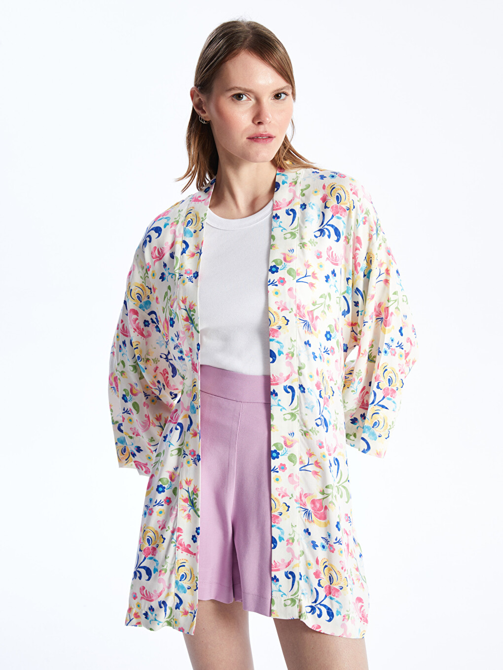 Shawl Collar Patterned Women's Kimono With Belt Detail