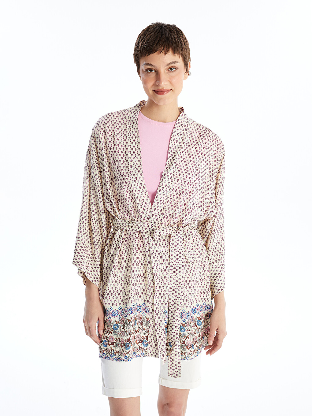 Shawl Collar Patterned Women's Kimono With Belt Detail
