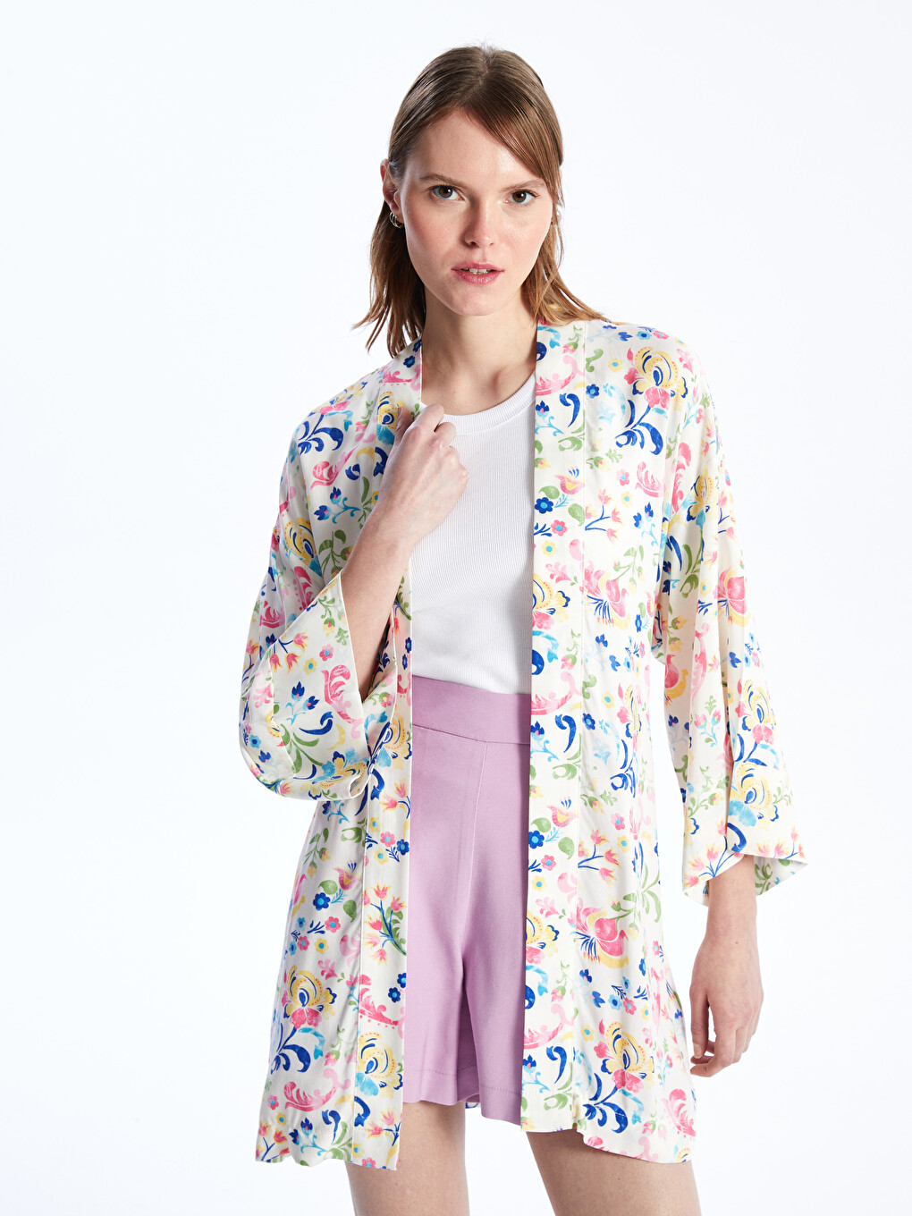 Shawl Collar Patterned Women's Kimono With Belt Detail-1