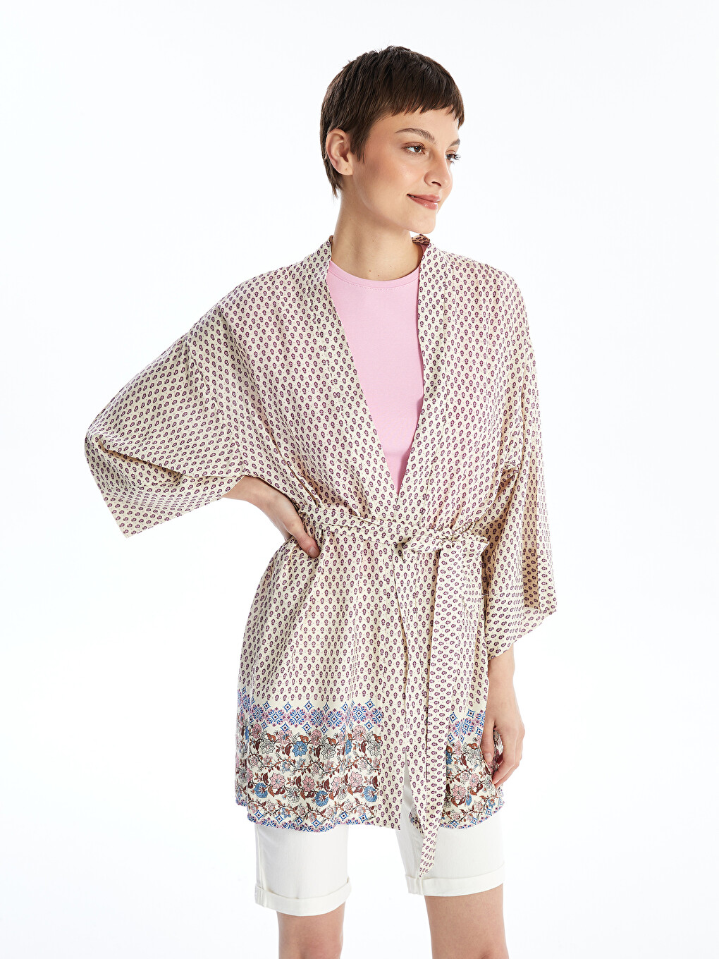 Shawl Collar Patterned Women's Kimono With Belt Detail-1