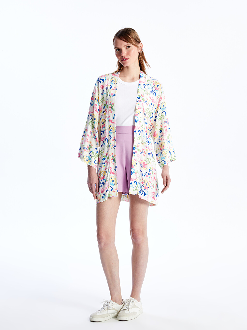 Shawl Collar Patterned Women's Kimono With Belt Detail-2