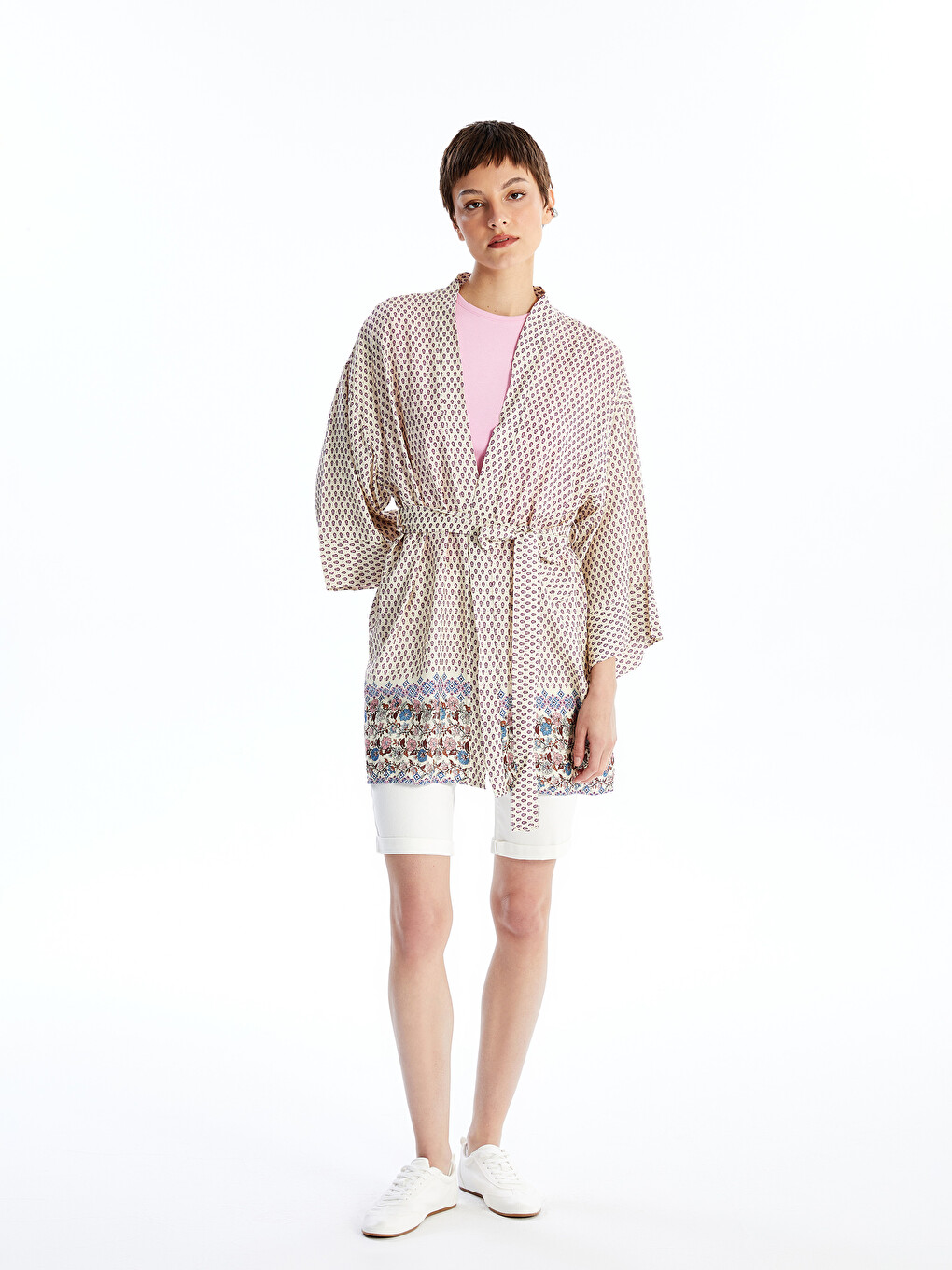 Shawl Collar Patterned Women's Kimono With Belt Detail-2