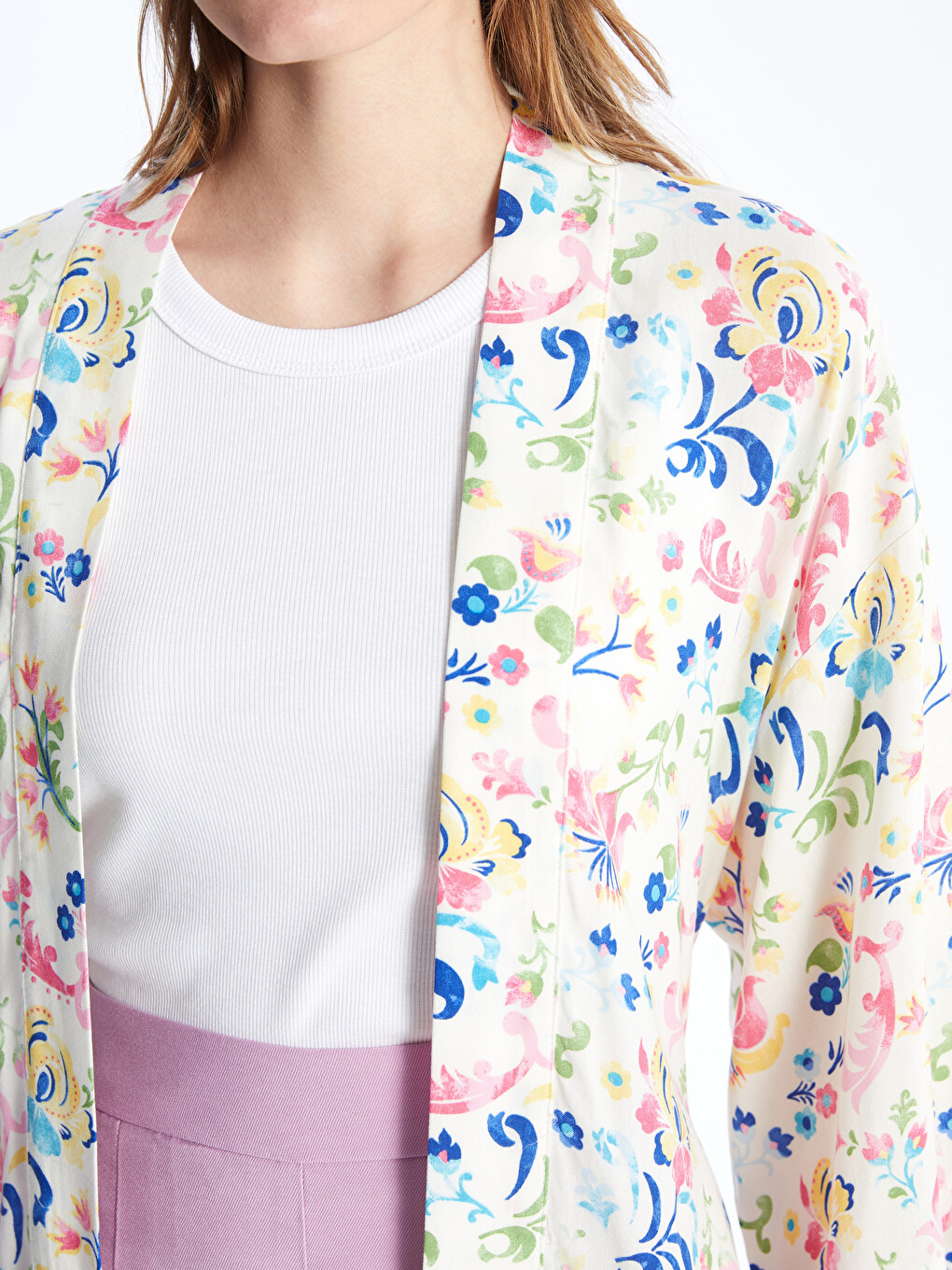 Shawl Collar Patterned Women's Kimono With Belt Detail-3