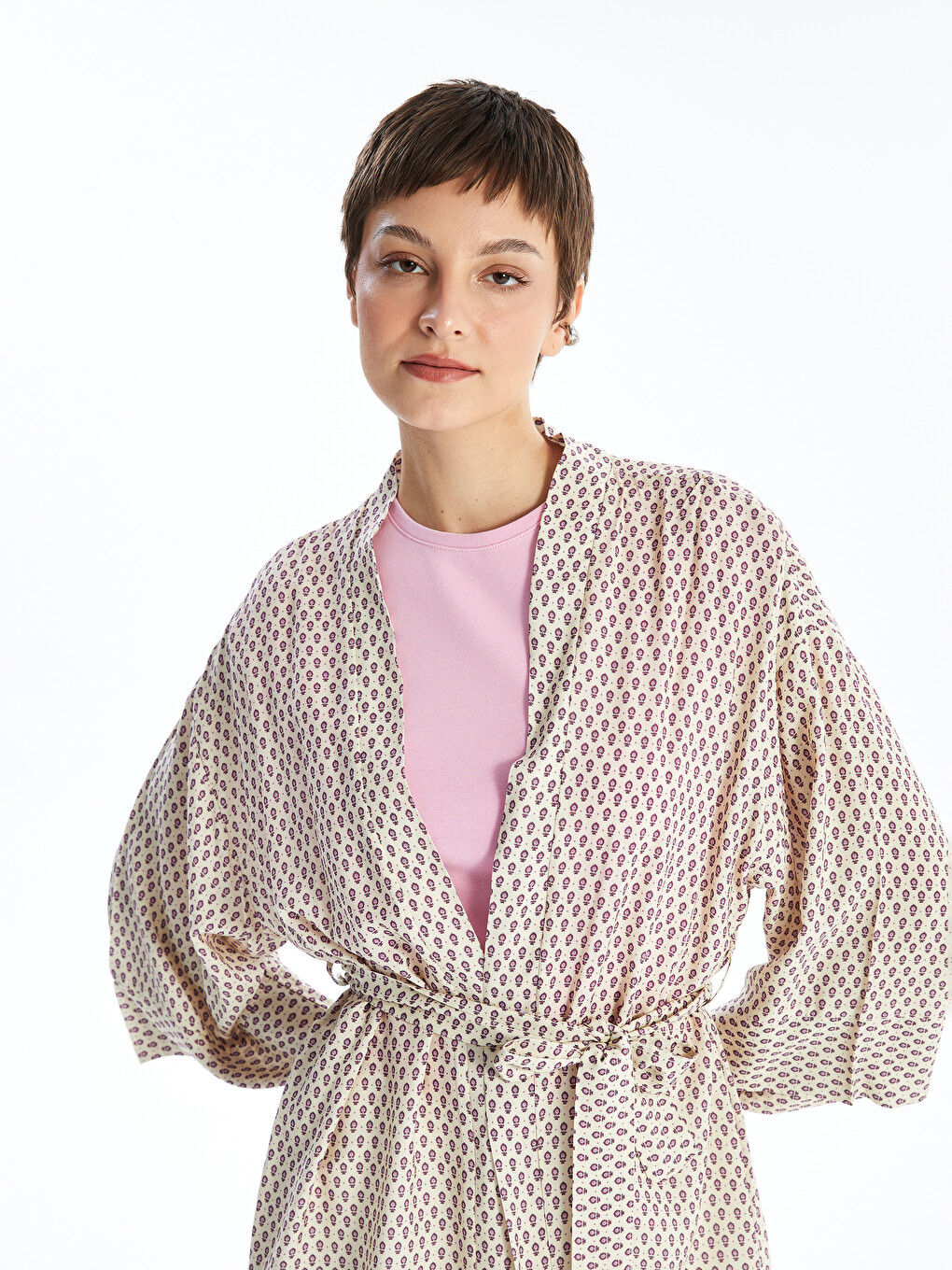 Shawl Collar Patterned Women's Kimono With Belt Detail-3
