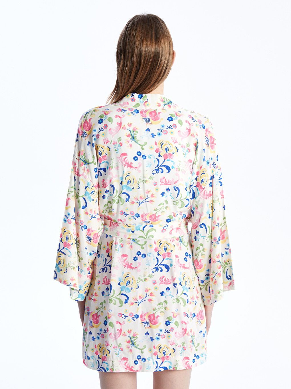 Shawl Collar Patterned Women's Kimono With Belt Detail-4