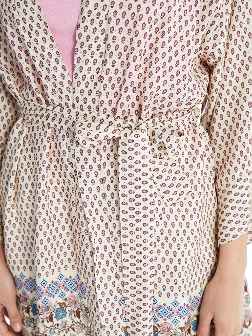 Shawl Collar Patterned Women's Kimono With Belt Detail-4