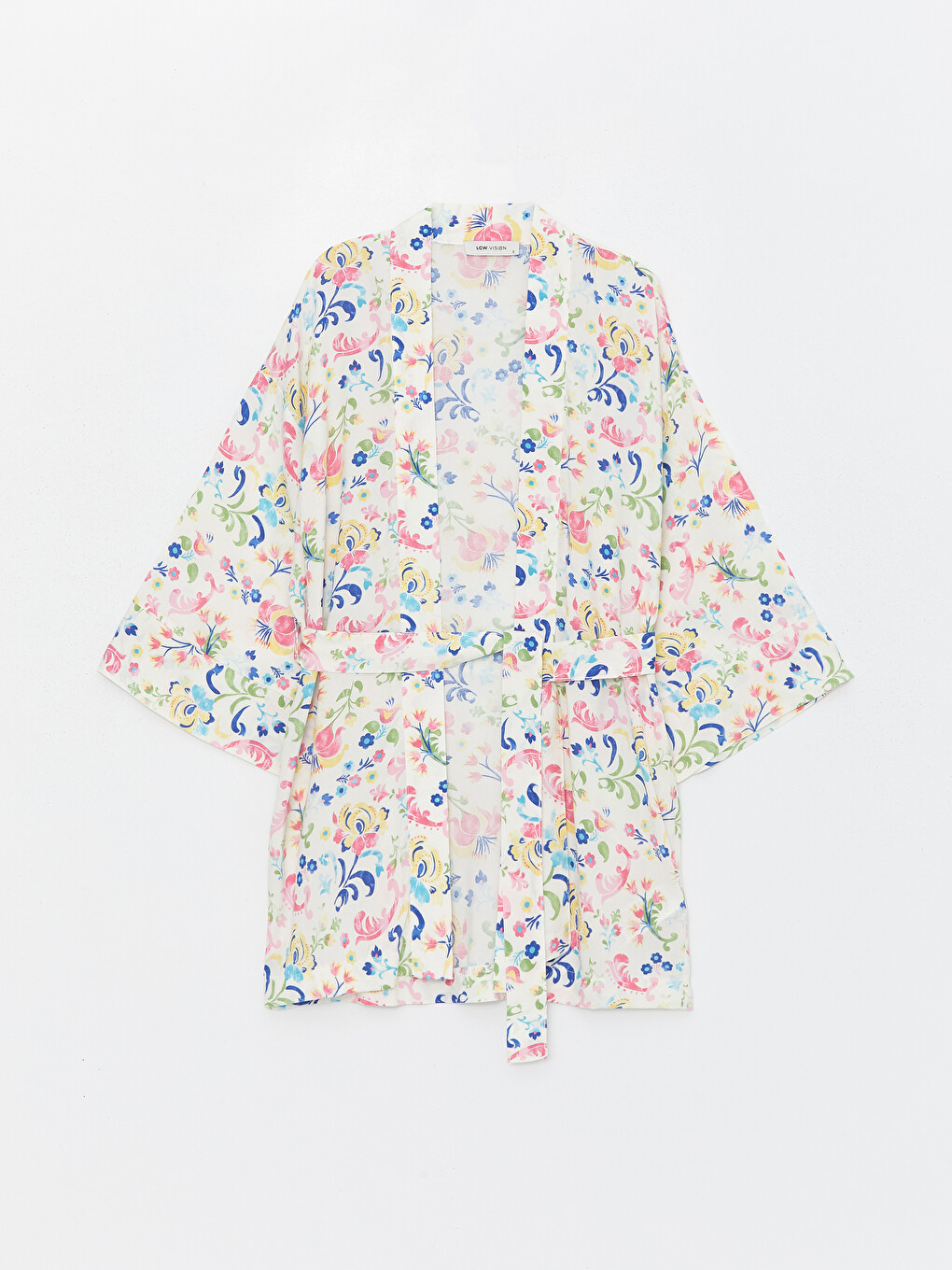 Shawl Collar Patterned Women's Kimono With Belt Detail-5
