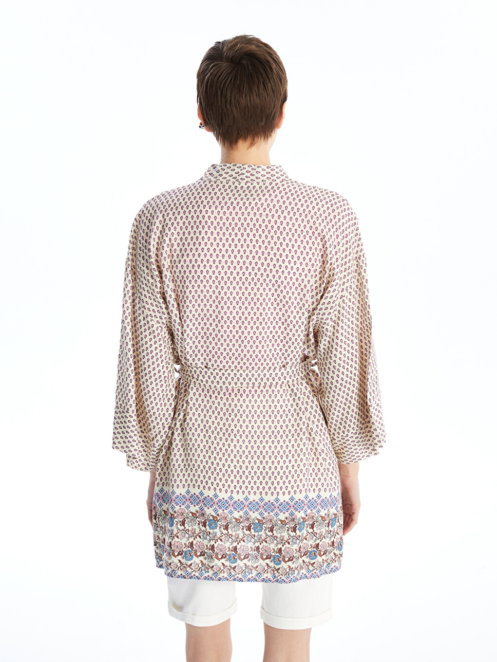 Shawl Collar Patterned Women's Kimono With Belt Detail-5