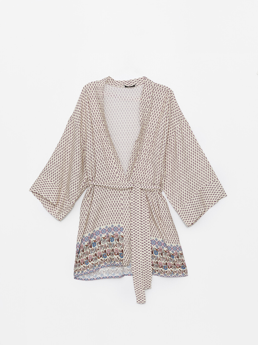 Shawl Collar Patterned Women's Kimono With Belt Detail-6