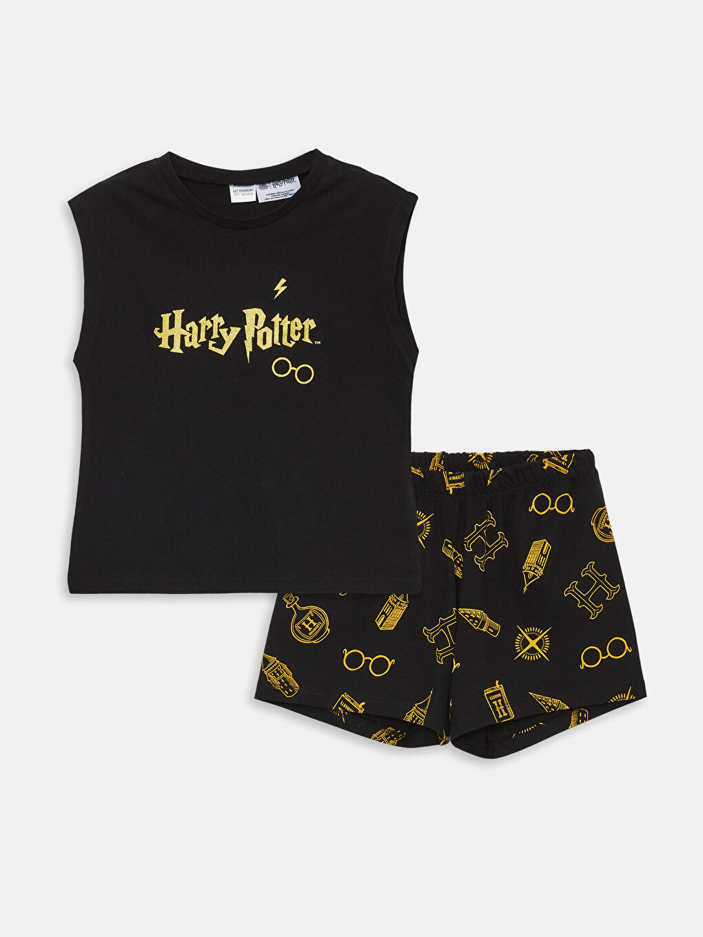 LCW Kids Yeni Siyah Bisiklet Yaka Harry Potter Baskılı Kız Çocuk Şortlu Pijama Takımı