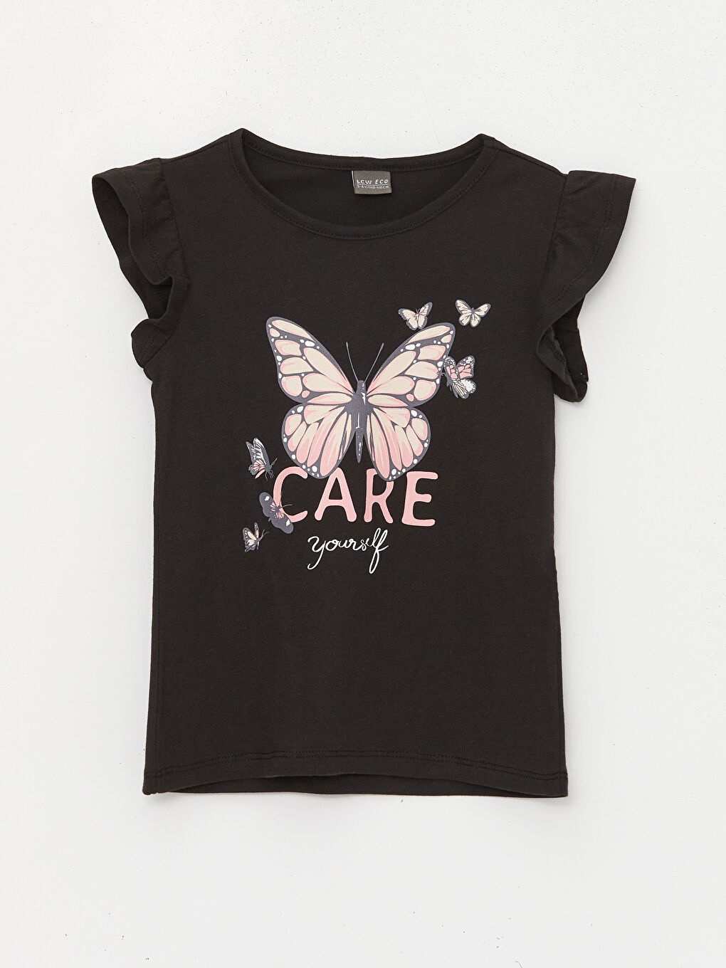 Siyah Bisiklet Yaka Baskılı Kısa Kollu Kız Çocuk Tişört