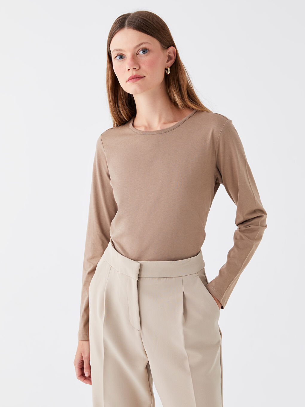 Bej Bisiklet Yaka Düz Uzun Kollu Kadın Tişört