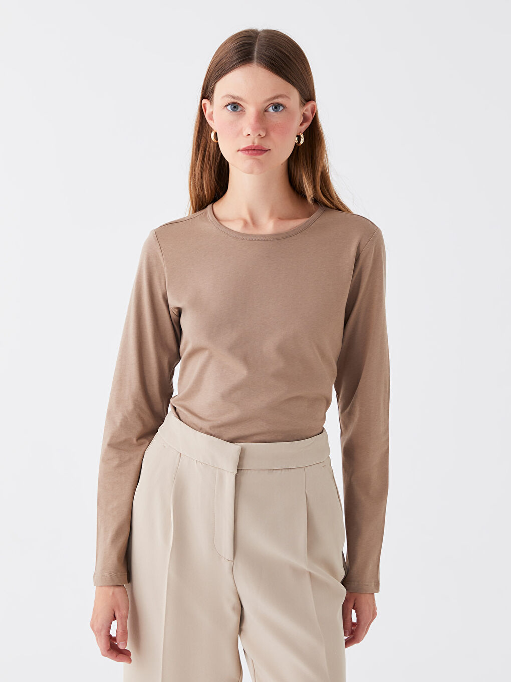 Bej Bisiklet Yaka Düz Uzun Kollu Kadın Tişört-1