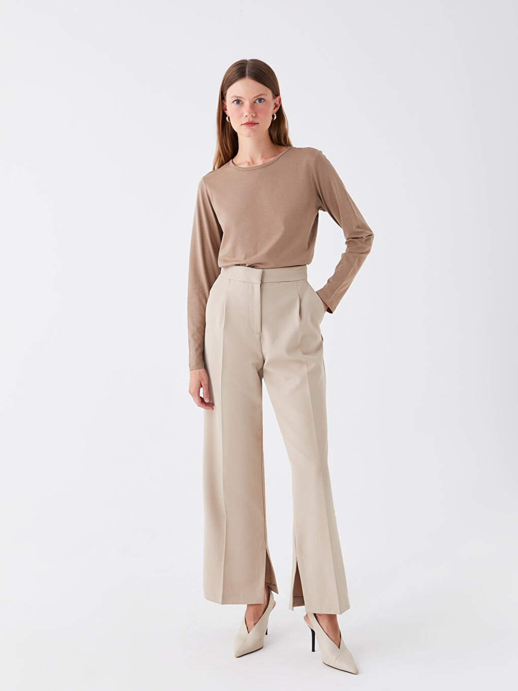 Bej Bisiklet Yaka Düz Uzun Kollu Kadın Tişört-2