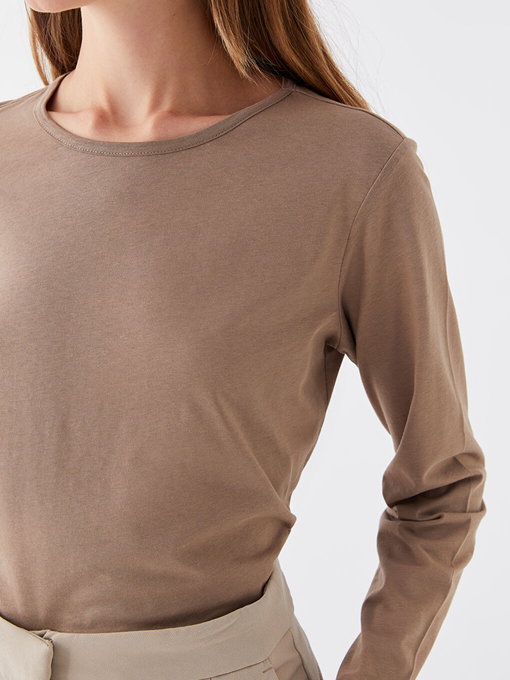 Bej Bisiklet Yaka Düz Uzun Kollu Kadın Tişört-3