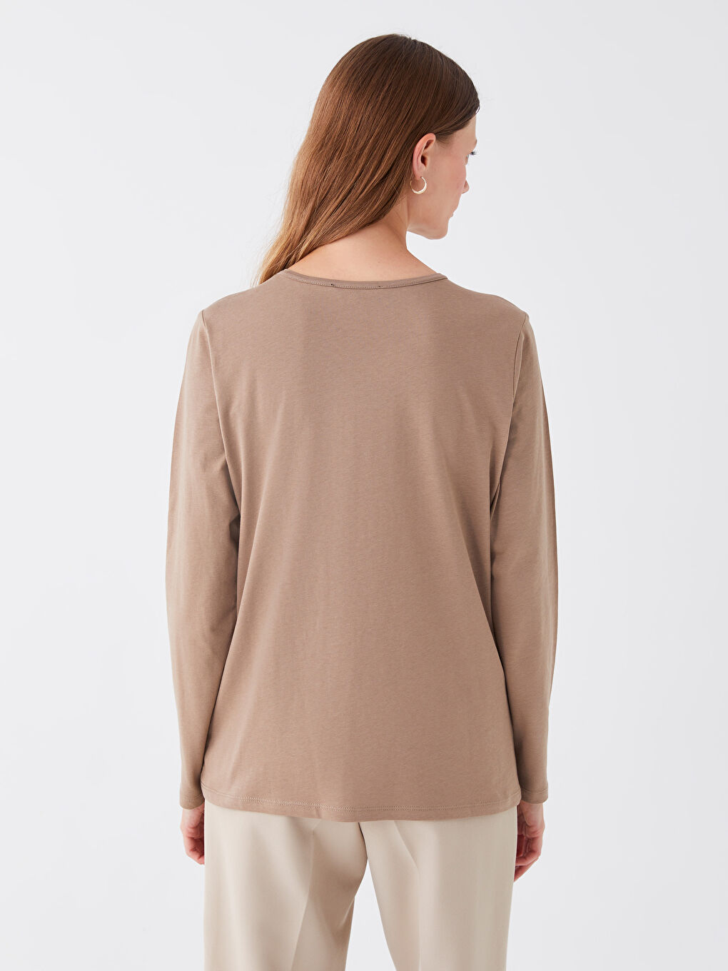 Bej Bisiklet Yaka Düz Uzun Kollu Kadın Tişört-4
