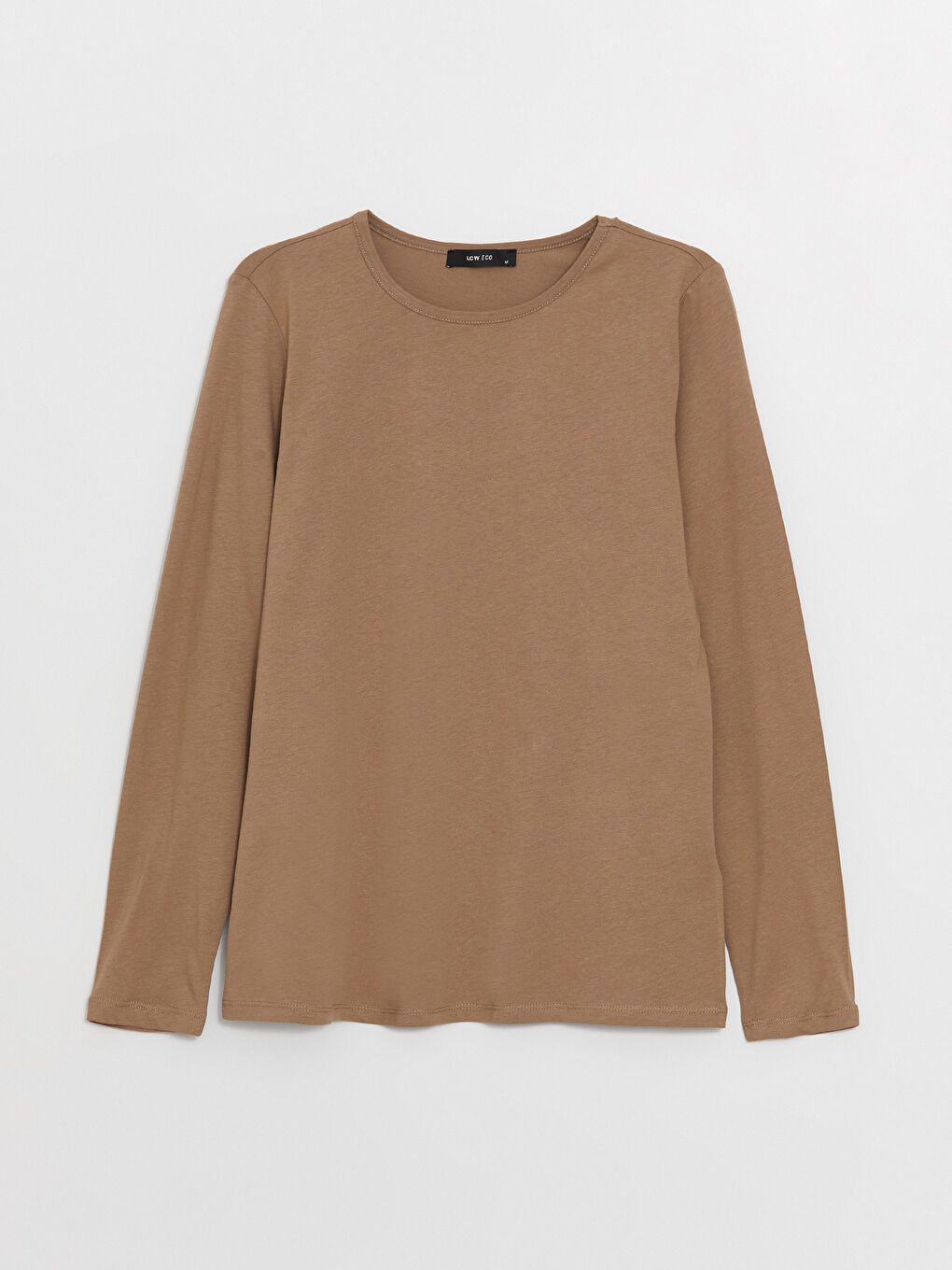 Bej Bisiklet Yaka Düz Uzun Kollu Kadın Tişört-5