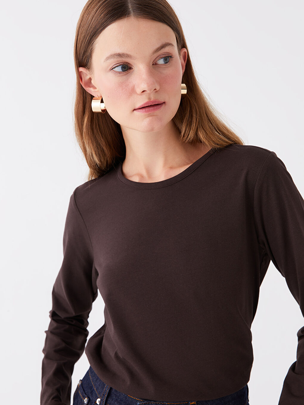 Kahverengi Bisiklet Yaka Düz Uzun Kollu Kadın Tişört