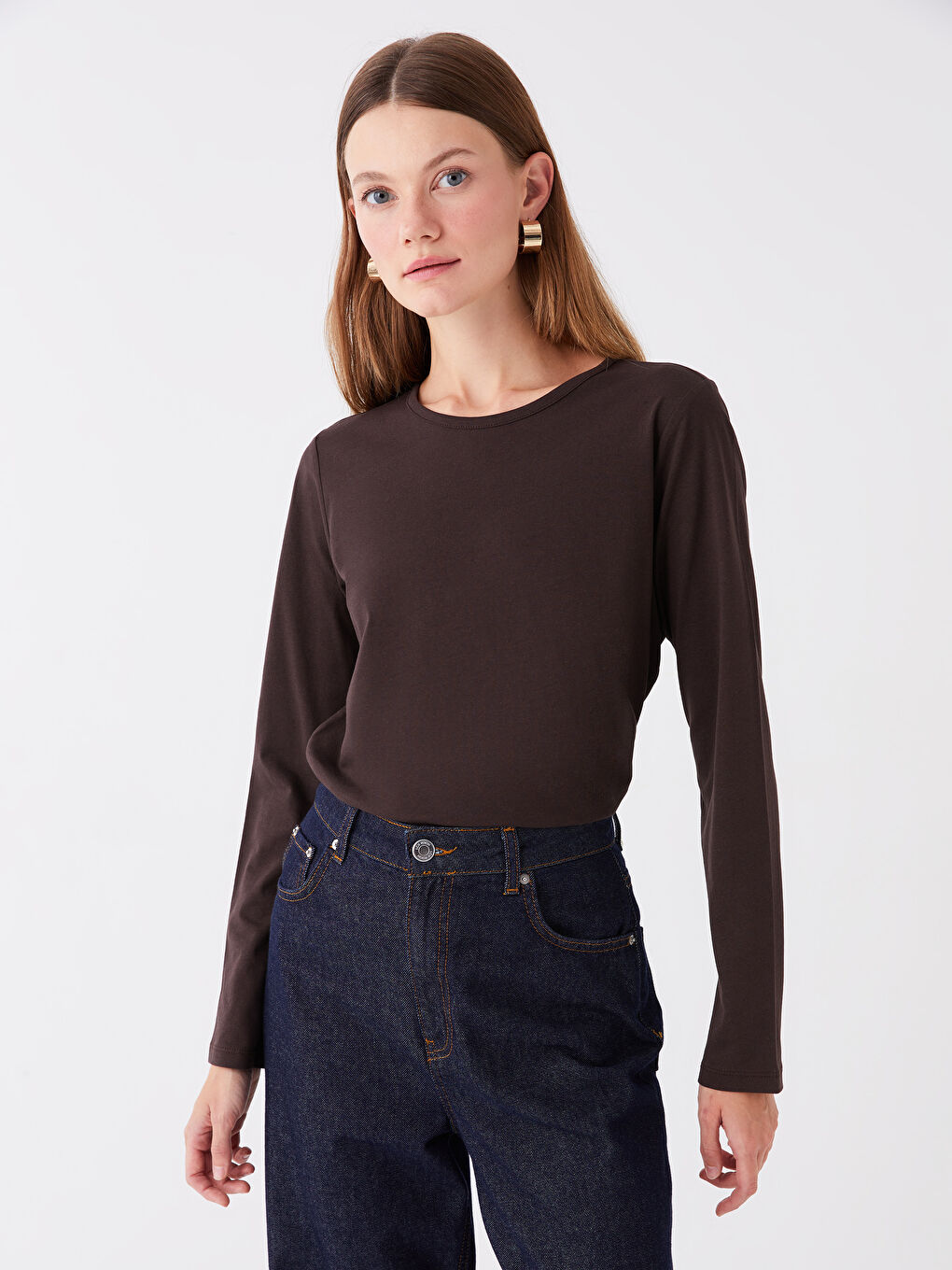 Kahverengi Bisiklet Yaka Düz Uzun Kollu Kadın Tişört-1