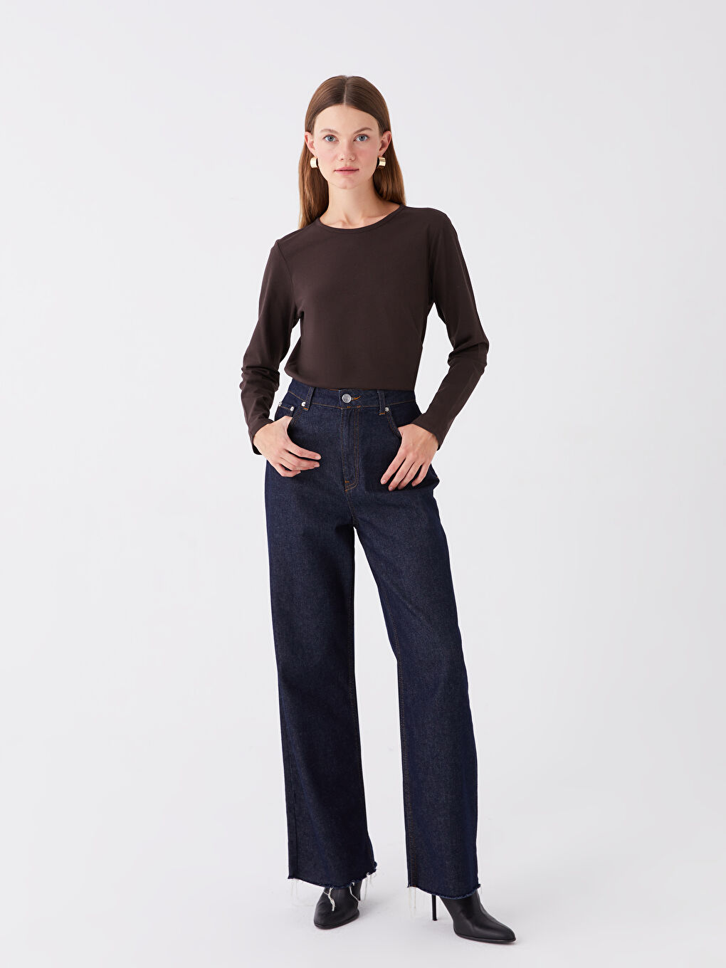 Kahverengi Bisiklet Yaka Düz Uzun Kollu Kadın Tişört-2