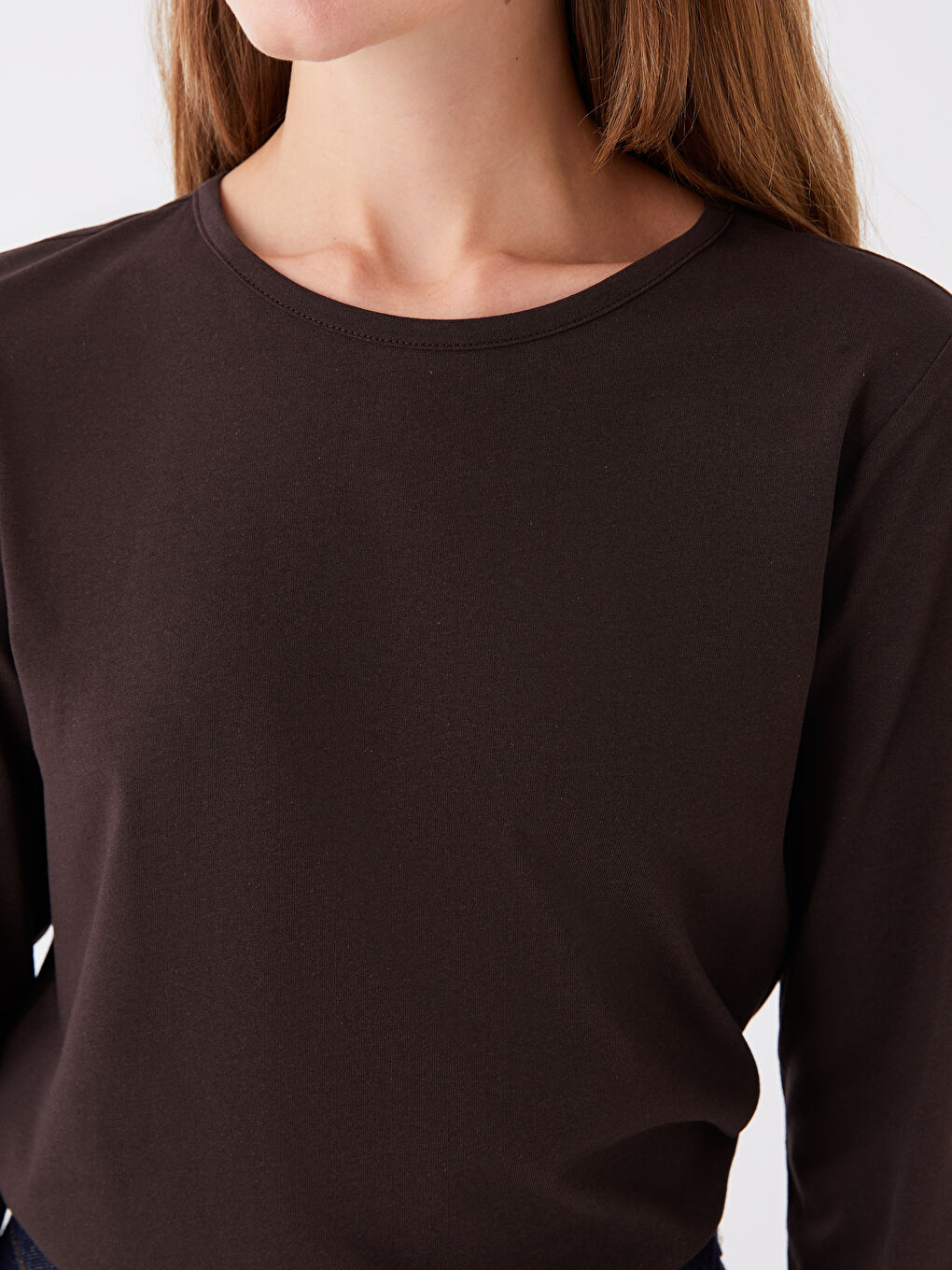 Kahverengi Bisiklet Yaka Düz Uzun Kollu Kadın Tişört-3