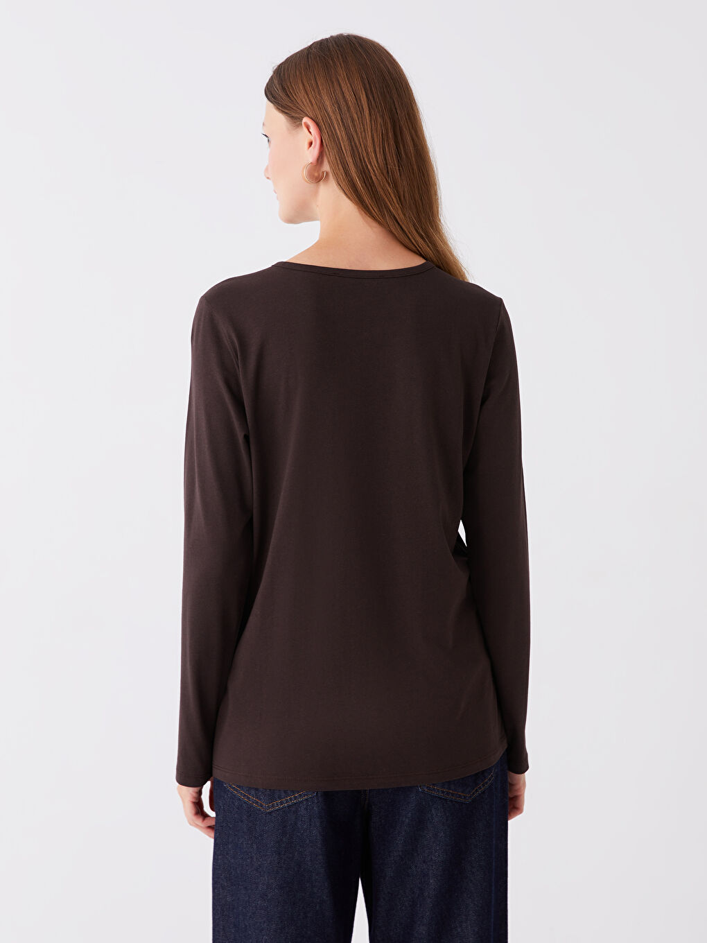 Kahverengi Bisiklet Yaka Düz Uzun Kollu Kadın Tişört-4