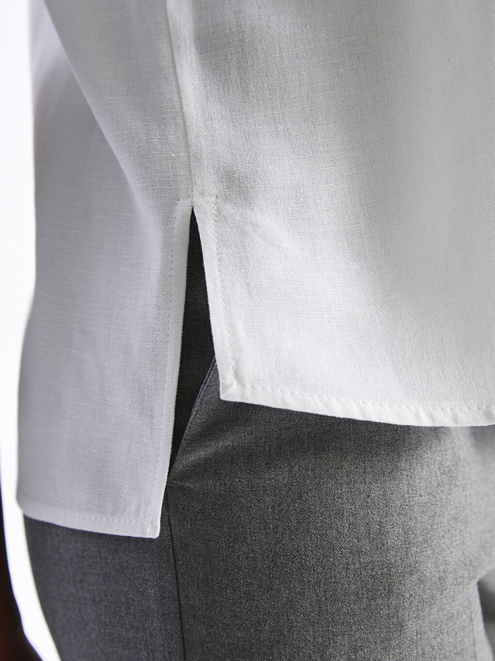 Ekru Düz Kısa Kollu Keten Karışımlı Kadın Gömlek-3